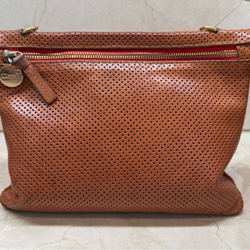 CLARE V. Double Sac Bretelle Tan Perf Brown Purse. Used, no strap. Cross body.